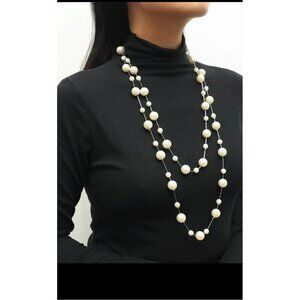 Long White pearl necklace long bead sweater elegant silver multilayer necklace